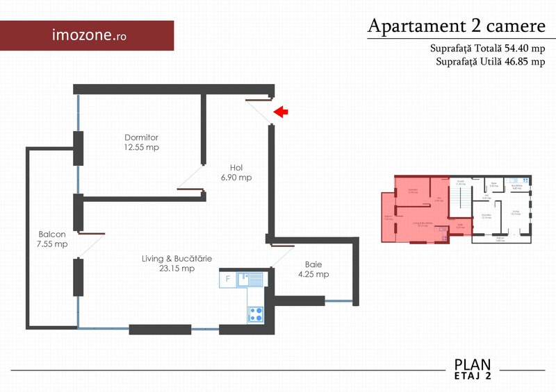 Apartament 2 camere, bloc nou, finisat la cheie, centrala termica individuala